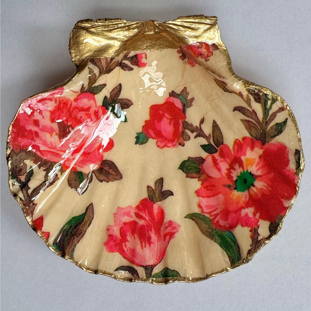 Vintage Pink Rose Floral Seashell Trinket Dish - Picture 3 of 6